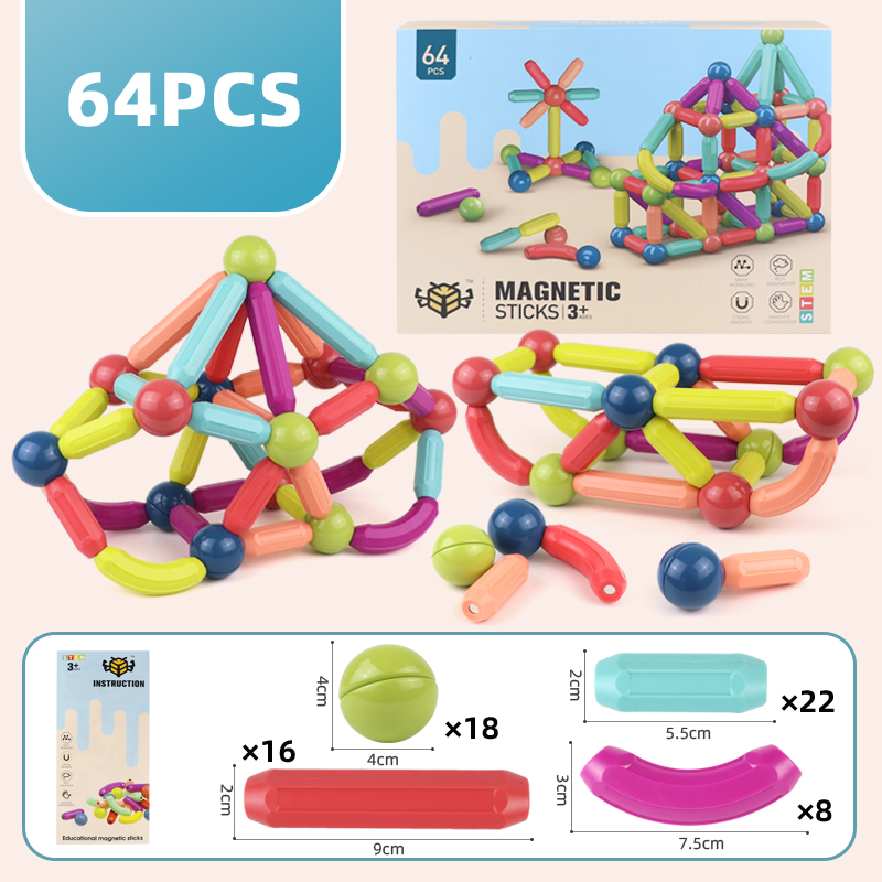 Juguetes de barra magnética Variable para niños, juguetes de bolas magnéticas de colores, rompecabezas magnético de barra magnética de 36-64 piezas, juguete educativo: 64PCS