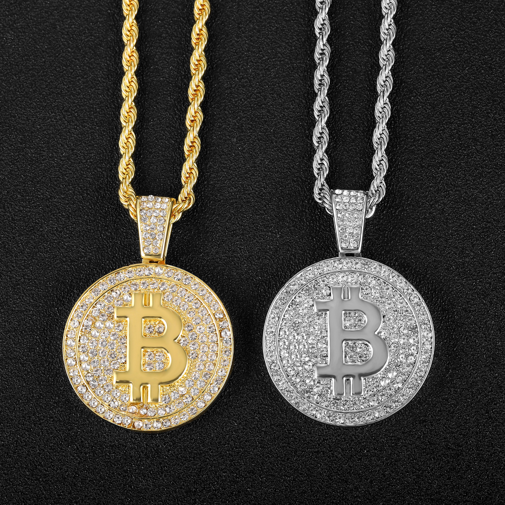 Novo iced para fora bitcoin pingente colar com 4mm corrente de tênis iced para fora bling corrente colar para homem strass cubano link chain