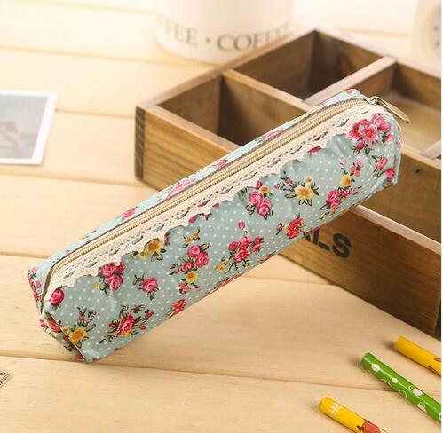 1pcs/lot Floral Fabric Pencil Bag Vintage Flower Lace Utiles Escolares Korean Style Pen Pouch for School Offices Supplies: sky blue