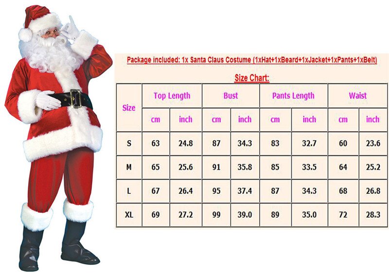 5 stk nissekostyme menn voksen dress julefest antrekk fancy julekjole jakke lue belte skjegg bukser dress s -3xl