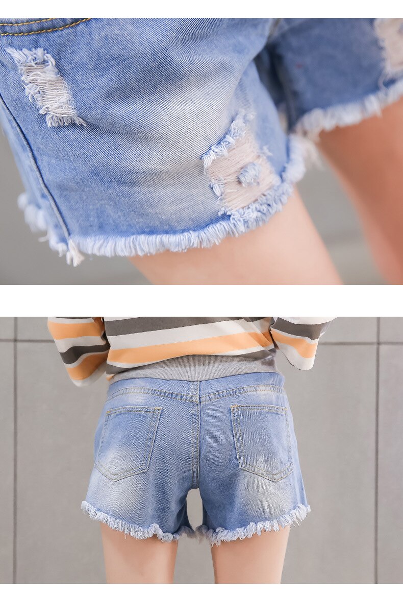 Sommer hul denim barselsshorts elastisk talje mave korte jeans tøj til gravide revet graviditetstøj