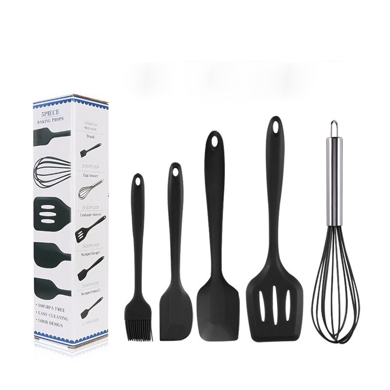 5PCS Silicone Cooking Utensils Set Heat Resistant Non-stick Spatula Tools Baking Kitchen Tool Accessories Dinnerware Sets: Black