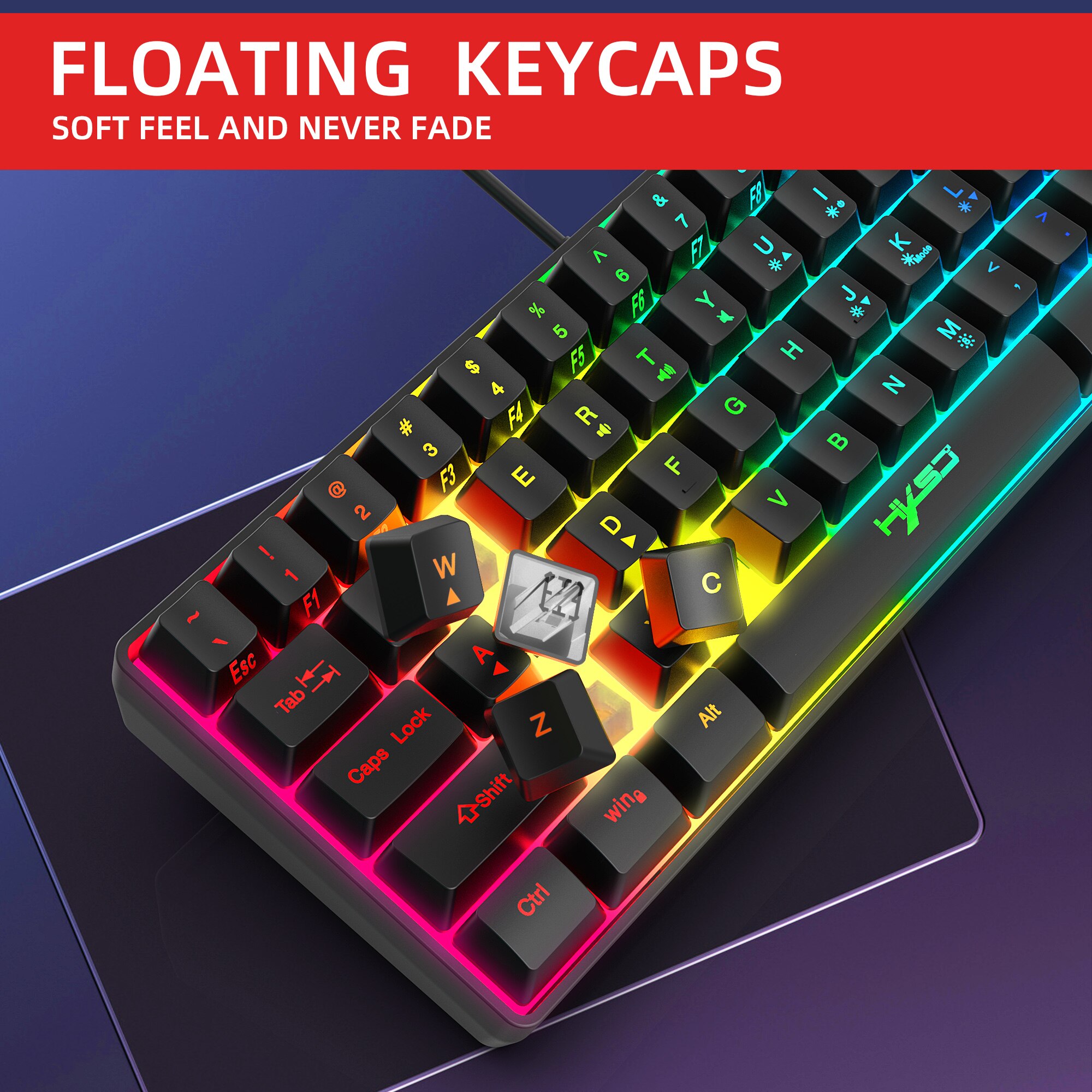 HXSJ Gaming Keyboard 61 Keys RGB Backlit 60% 60 Business Keyboard US Wired Wireless Bluetooth Mini Compact PC Gamer MAC PS4