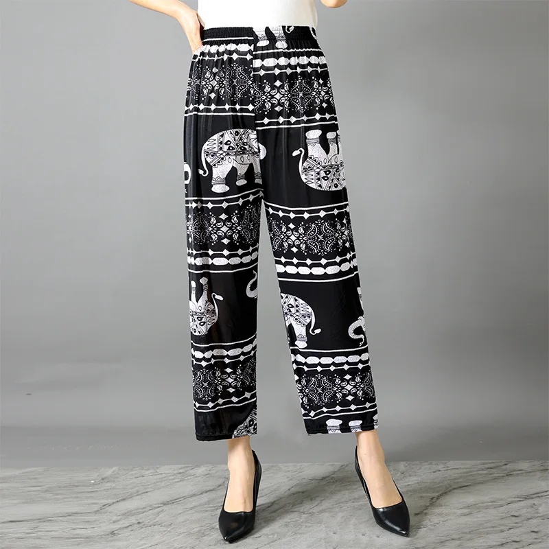 Koele zomer ijszijde bloemenbroek dames muggenbestendig casual thuis met airconditioning negendelige lengte broek: Rood