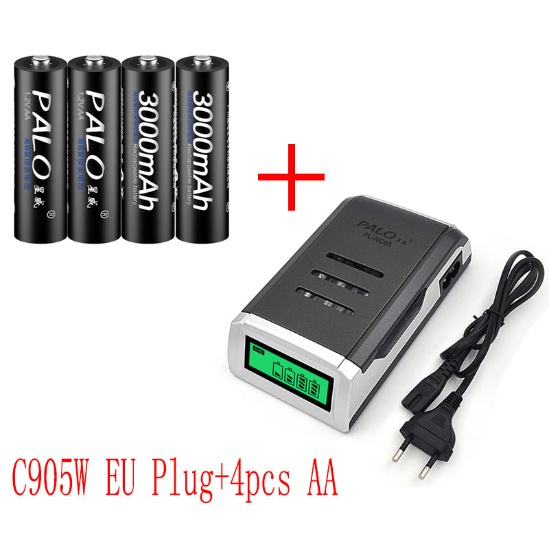 PALO LCD smart AA battery charger for AA AAA rechargeable battery +1.2V NI-MH 3000mAh AA rechargeable batteries for camera toy: Charger and 4pcs AA
