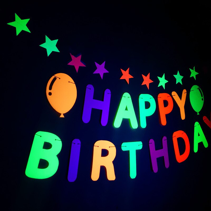1set Glow In The Dark Party Happy Birthday Paper Garland Banner Neon Birthday Fluorescent Blacklight UV