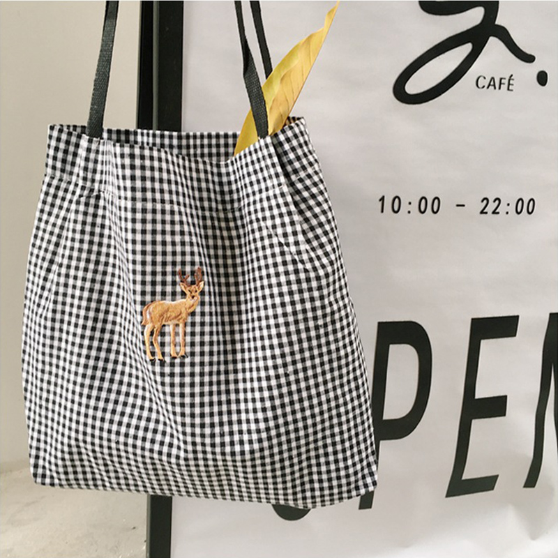 Bolsa feminina bordada de lona, bolsa feminina feita em tecido de algodão, preto, branco, vermelho, com cervos e bordados