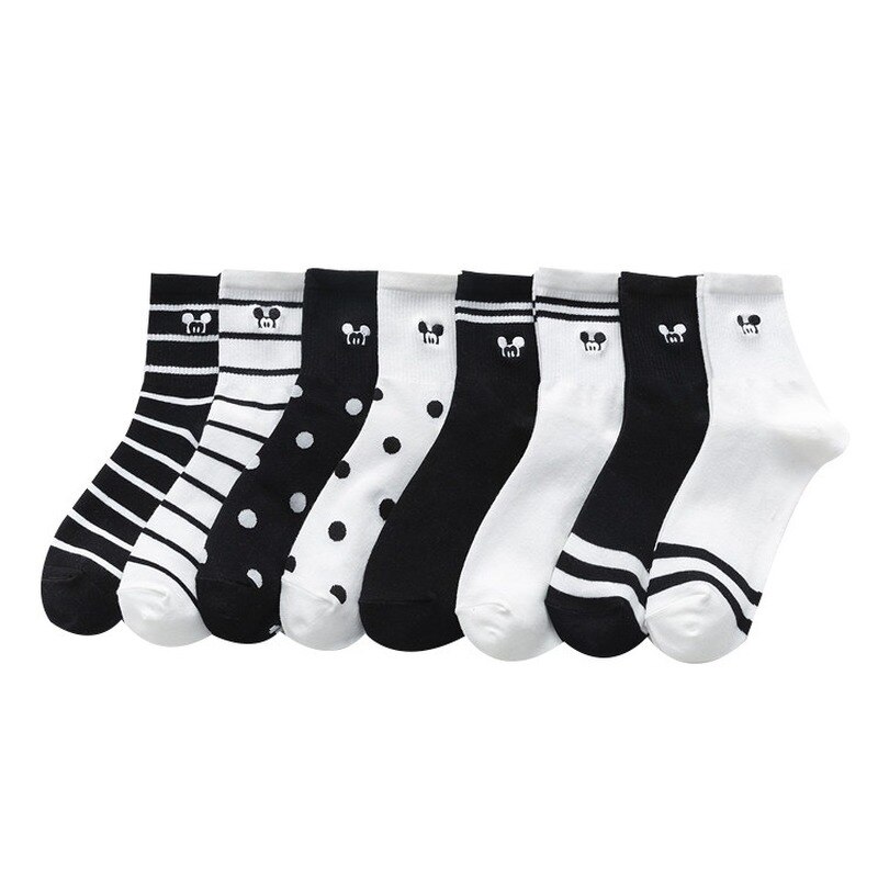 Jesienne i zimowe nowe bawełniane skarpetki studenckie, czarno-białe skarpety kreskówkowe myszy. Skarpetki damskie w paski Harajuku