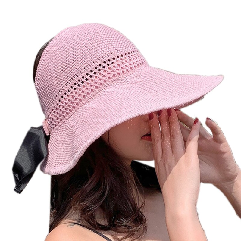 Visera de malla tejida para mujer, gorro de playa con lazo, Top abierto enrollable, ala ancha empaquetable, sombrero de protección solar UV de viaje para verano: Pink
