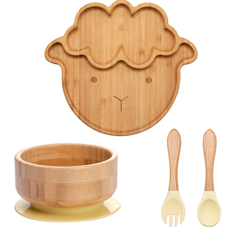 Cuenco de bambú para alimentación de bebé, juego de vajilla de silicona con ventosa, antideslizante, resistente al agua, tenedor, cuchara, 4 piezas: 4pcs-D