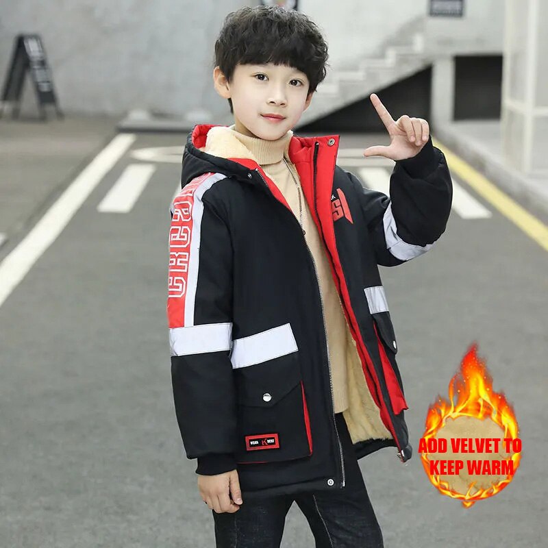 Polyester Winter Jacke Für Jungen Neue Plus Samt Verdickung warm Halten Winddicht Mit Kapuze Kragen Spleißen freundlicher Kleidung: verrotten / 6T