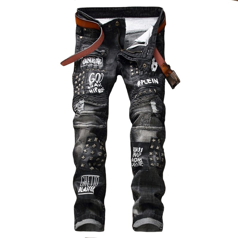 Aboorun calças jeans masculinas punk rebite rasgadas, jeans motoqueiro com letras impressas para homens r2788