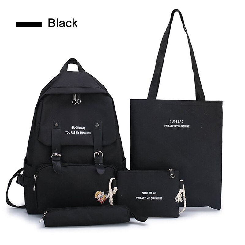 5 pçs/set mulheres mochila adolescente meninas corrente usb sacos de lona mochilas bolsa ombro feminino estudante sacos escola borla: 4pcs B Black