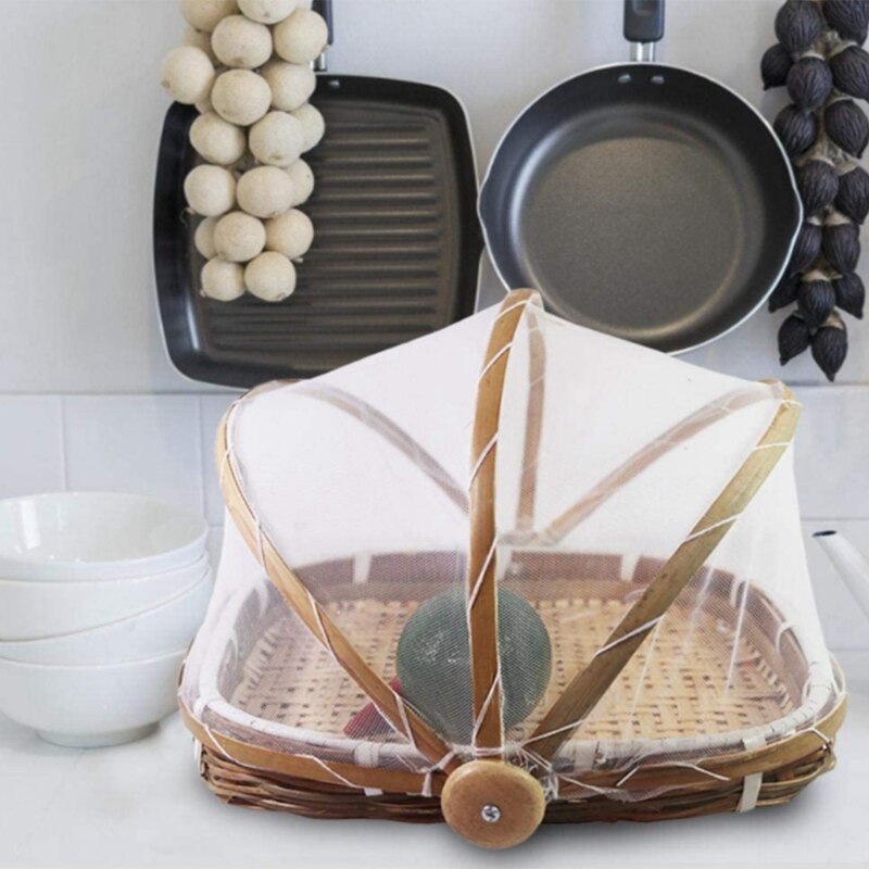 Hand-Woven Food Basket, Bamboo Food Tent Basket, Food Tent Basket with Net Gauze Cover,Outdoor Bread Basket