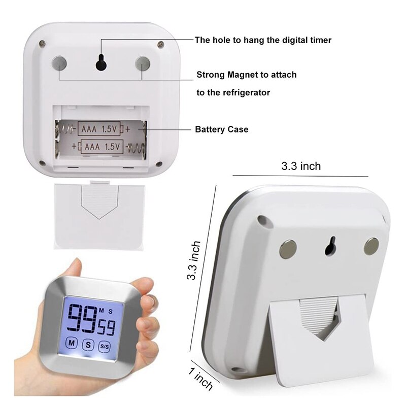 Kitchen Timer with Press Sn - Count and Countdown with Powerful Alarm - netic Backlighting on the Back,Silver