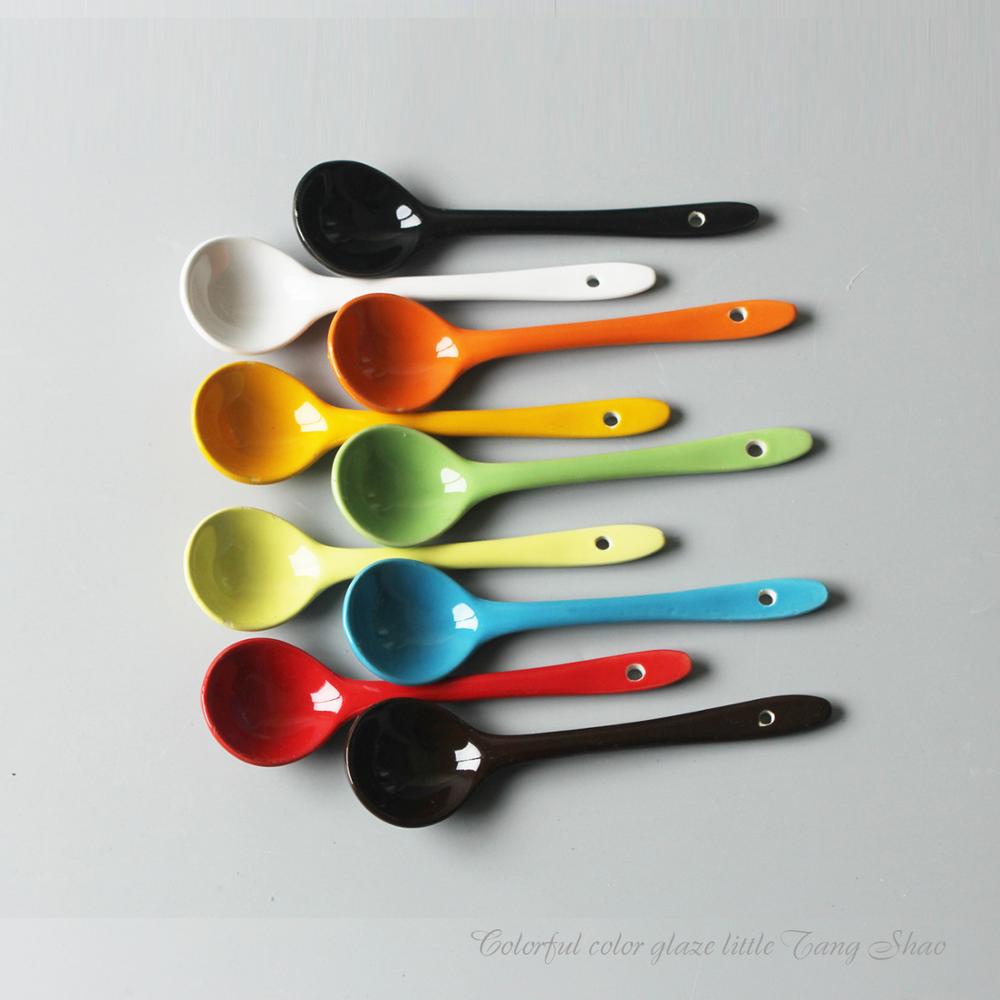 2 PC Colorful Ceramic Spoons Japanese And Korean Colorful Small Spoon Restaurant Spoon White Soup Spoon