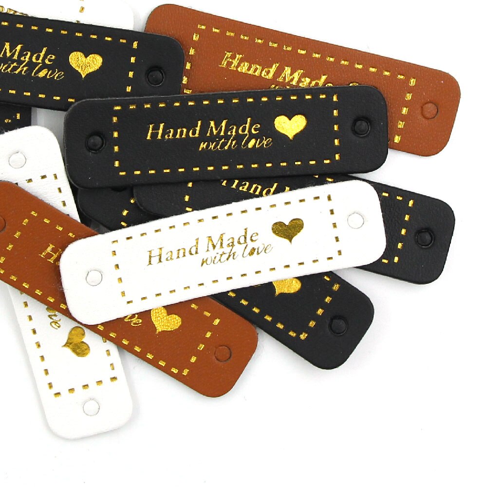 50 st 56 x 15mm etiketter bruna/svarta/vita etiketter handgjorda hjärtmönster läderetikett gjord med kärlek gör det själv kläder sytillbehör