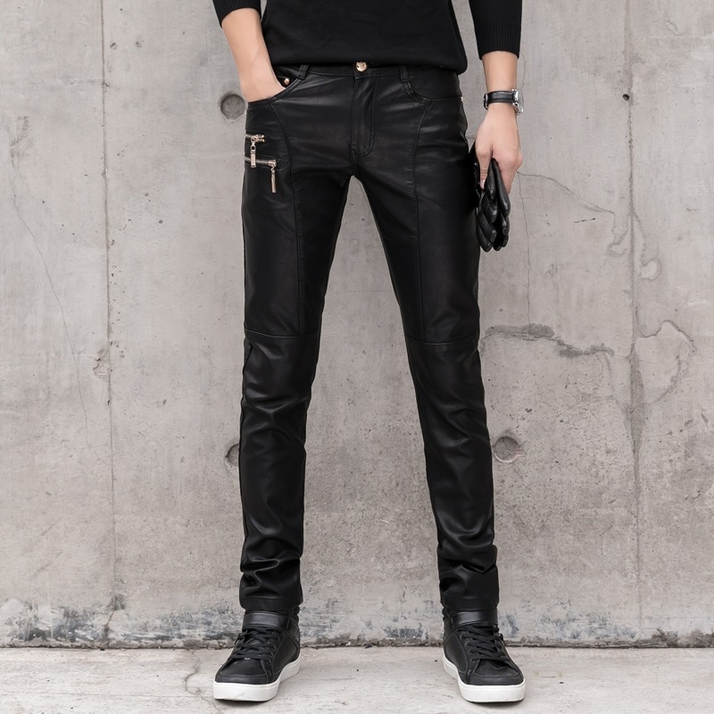 Pantalones vaqueros de piel sintética para hombre, pantalón vaquero, entallado, Punk, para escenario, motociclista