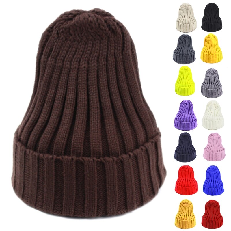 Unisex Winter Chunky Ribbed Knit Pointed Beanie Hat Neon Solid Candy Color Stretch Snow Ski Cuffed Skull Cap Ear Warmer