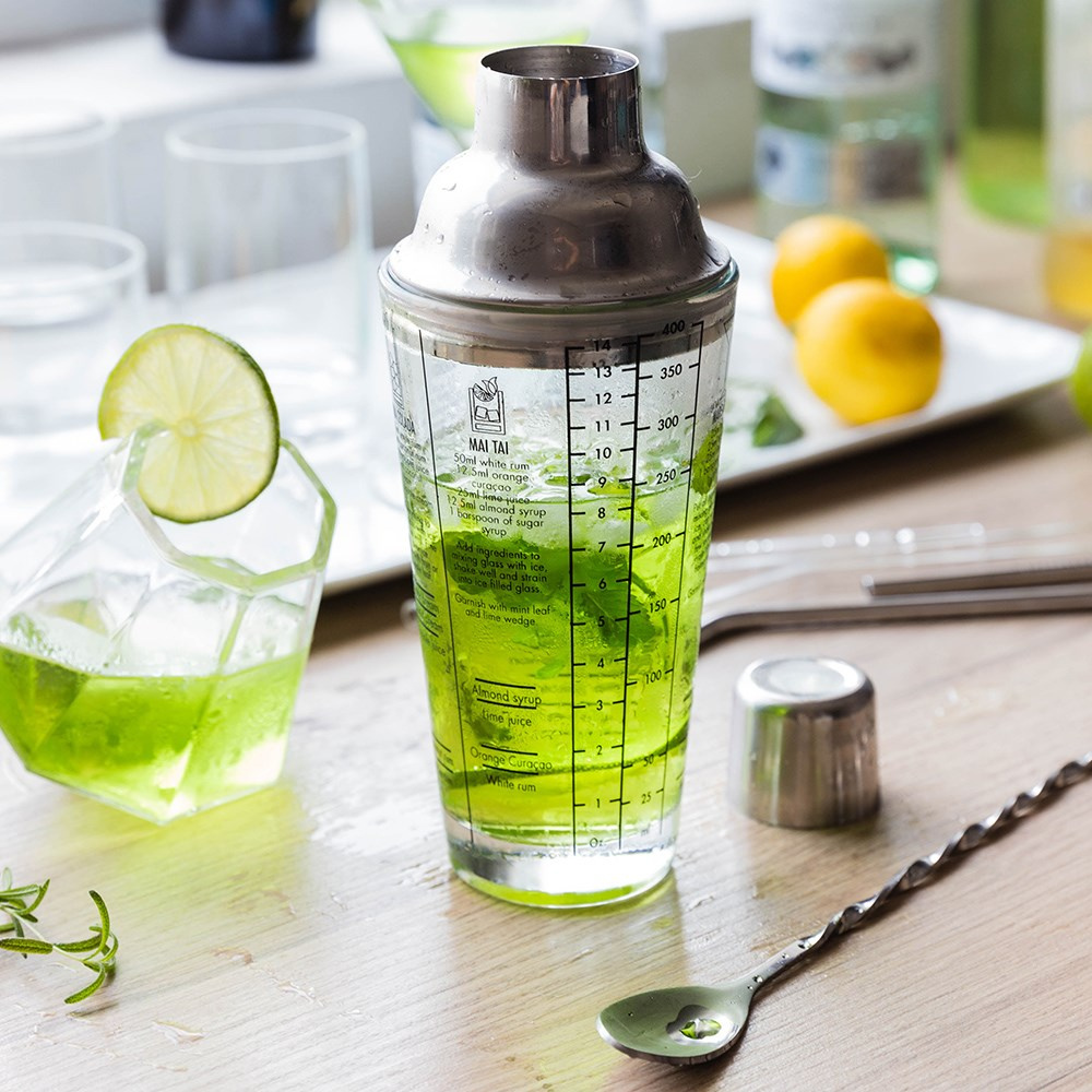 Mélangeur de bouteilles en verre inoxydable, 400ML, pour Cocktail, Bar, vin, échelle transparente, outils de Bar, cuillère