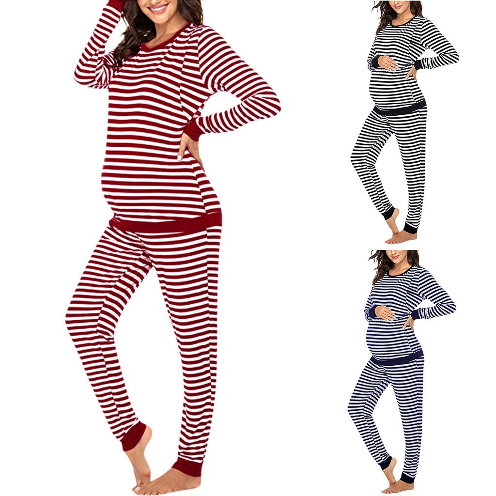 Fall Winter Maternity Nightwear Women Maternity Long Sleeve Nursing T-shirt Tops+Striped Pants Pajamas Set pijama embarazo