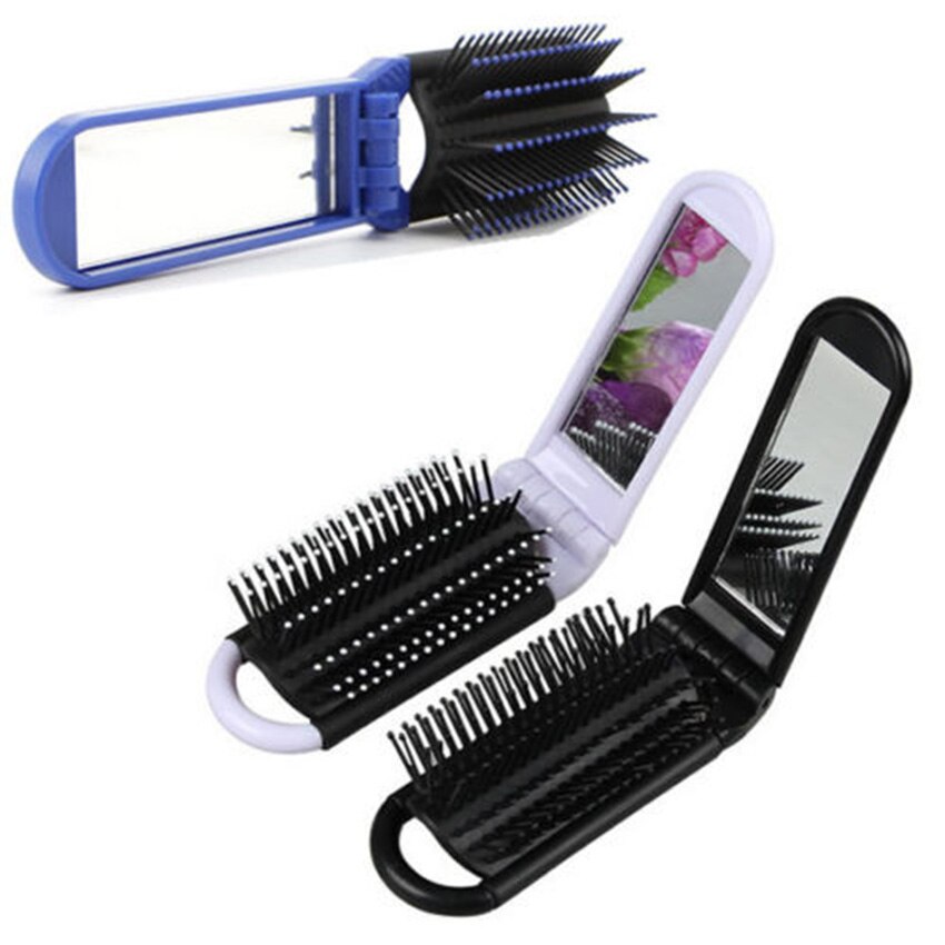 Cepillo plegable para el pelo portátil de viaje con espejo, peine de bolsillo de peluquería, tamaño de bolsillo, monedero, peines de pelo de viaje
