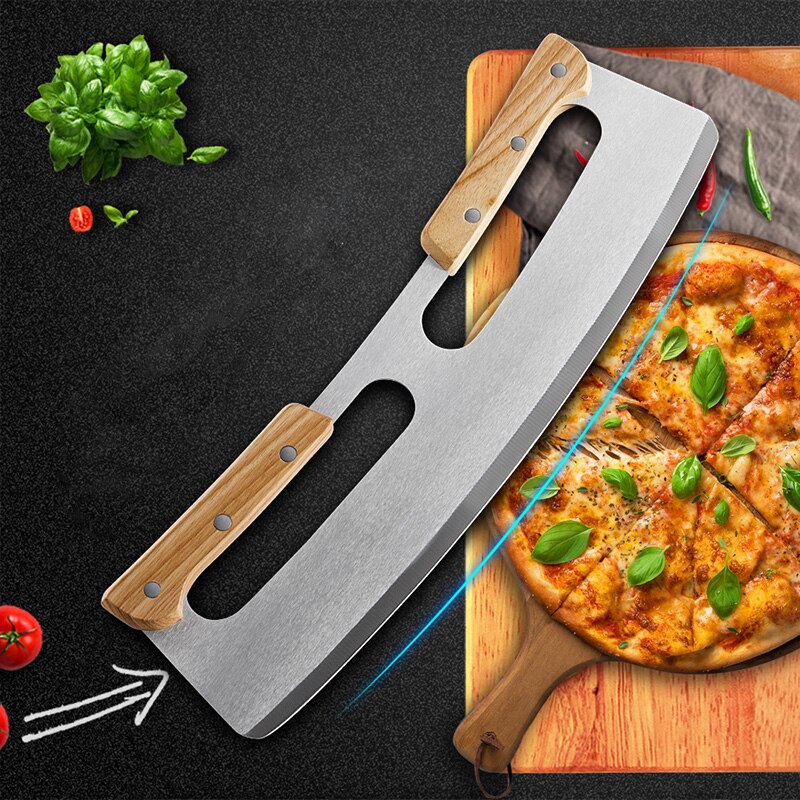 Two-handle Pizza Cutter Wooden Handle Half-round Pizza Hob Easy to Operate Rocker Knives for Kitchen Tool YE