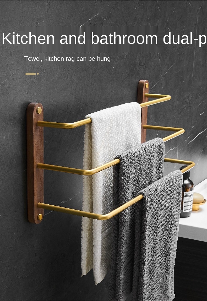 Black walnut bathroom towel hanger Bath towel rack multistory shelf wood towel rod aluminium alloy towel shelf brushed gold