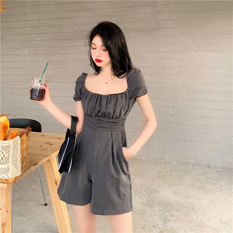 Mono plisado de verano para mujer, manga abombada corta, pantalones cortos de pierna ancha de cintura alta, monos con cuello cuadrado, mono sólido W799: Gray