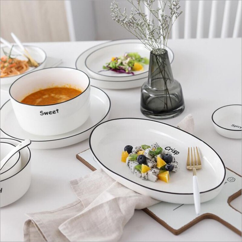 With Letters White Dinner Plate Ceramic Kitchen Plate Tableware Set Food Dishes Rice Salad Noodles Bowl Soup Kitchen Cook Tool
