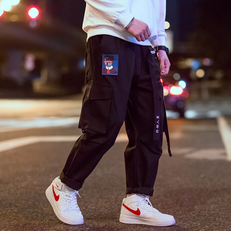 2021 nowa, w stylu Streetwear Hip Hop Cargo spodnie mężczyźni i kobiety wstążka wyszywane litery japońskie spodnie do biegania Casual Harem Pants Pink