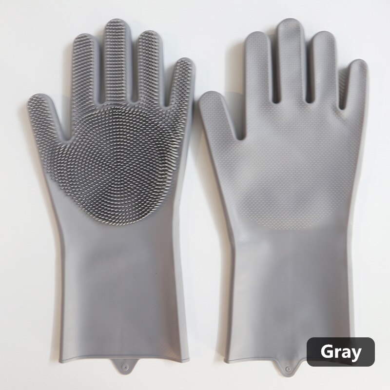1Pair Dishwashing Cleaning Gloves Silicone Rubber Sponge Glove Household Scrubber Kitchen Clean Tools Kitchen: Gray