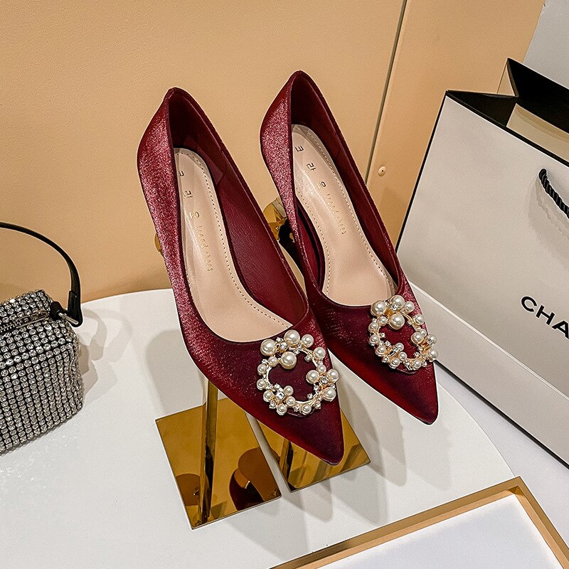 5cm spitze seidenpumps mit strass-blockabsatz und perlenbesatz, burgunderrot, für sterben braut, damen, 39 40