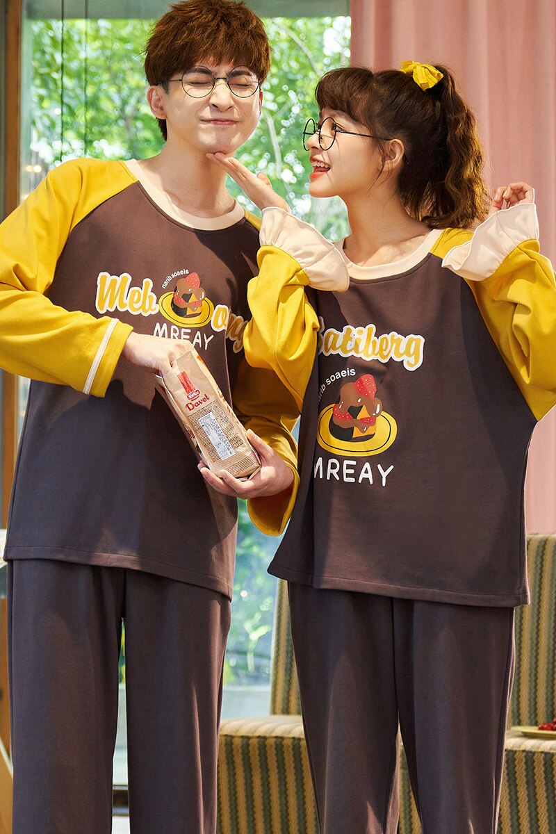 Couple Pajamas Cartoon Printing Homesuit Sleepwear Cotton Homeclothes Long Sleeve Cute Pajama Set Couple Casual Style