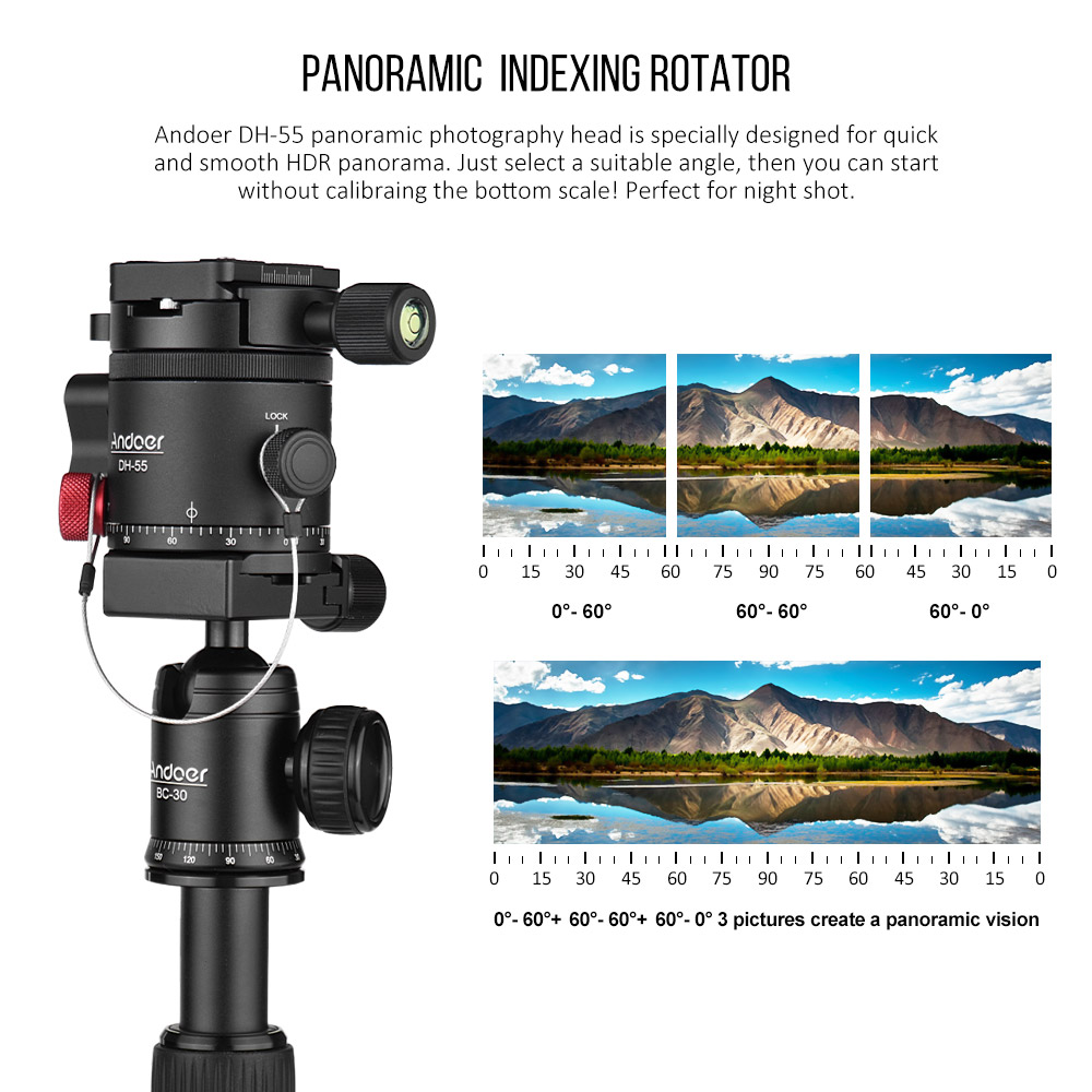 Andoer DH-55 Indexing Rotator HDR Panorama Panoramic Ball Head with 1/4" Quick Release Plate Bubble Level Bag for Camera Tripod