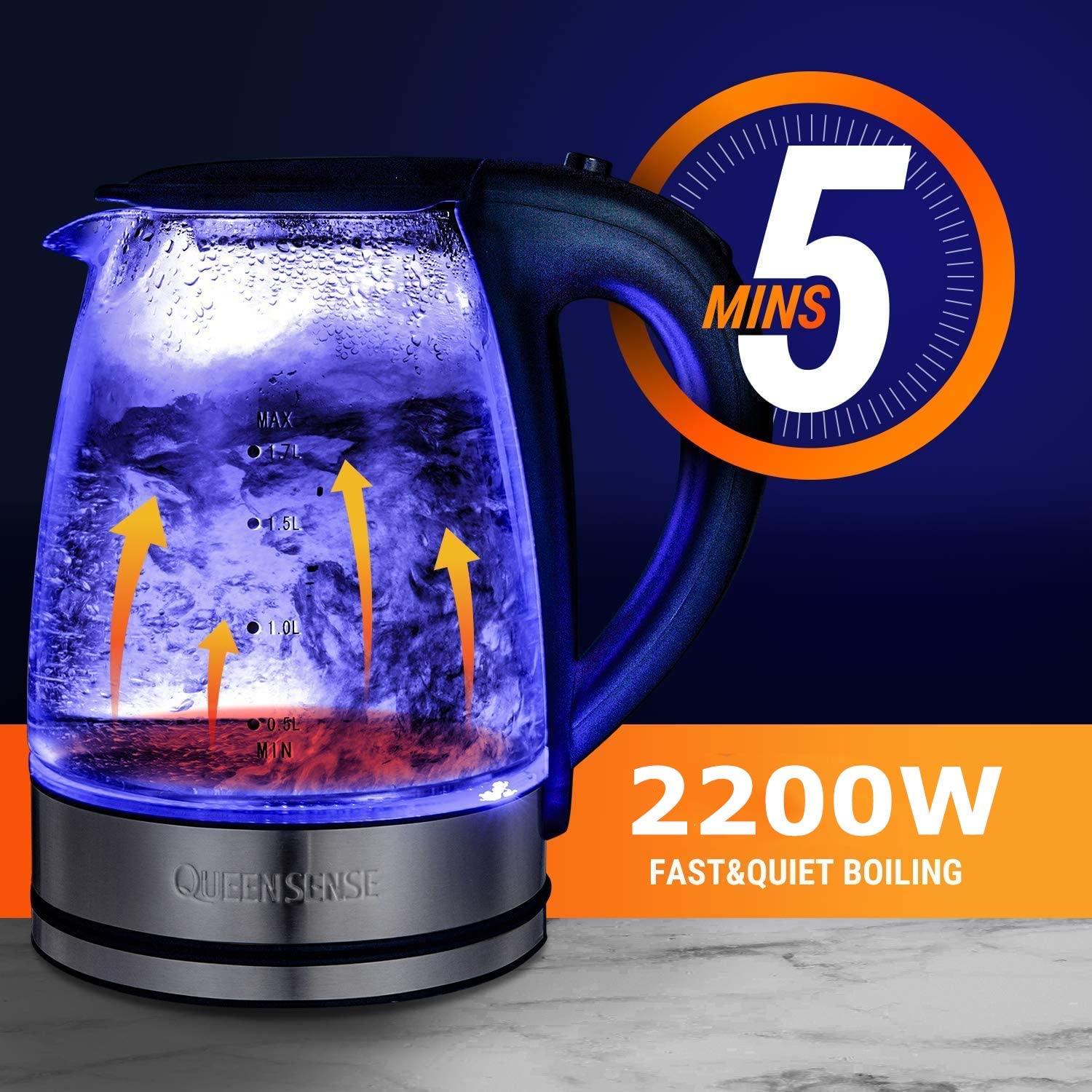 Queensense Kettle Glass Electric Kettle, 1.7 L Tea Maker with Blue LED Lighting, 2200 W Fast Heating Kettle with Auto Shut-off