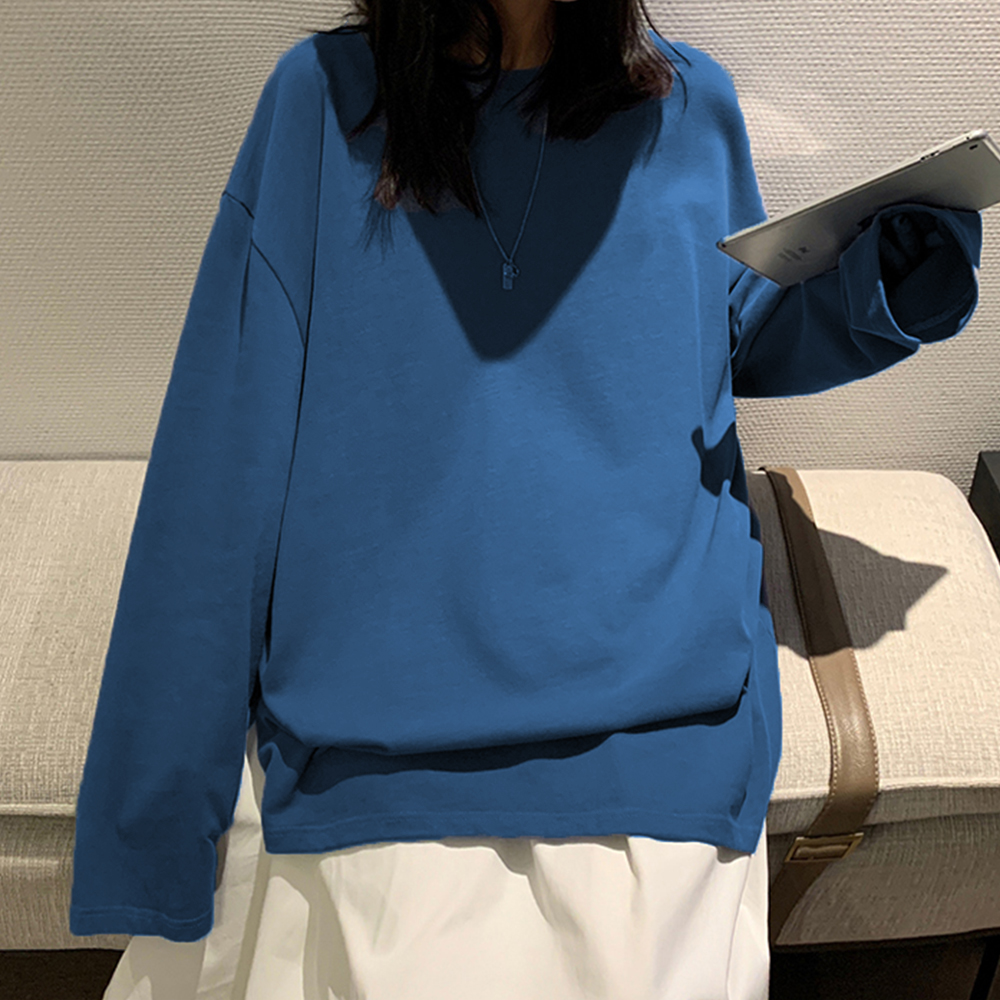 Nueva camiseta de manga larga de algodón para primavera, camiseta básica para mujer, camiseta de gran tamaño, camiseta informal con cuello redondo para mujer, talla estadounidense: S / Azul
