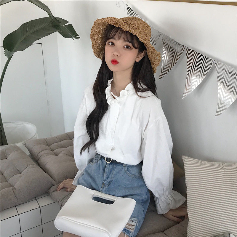 Flæse hvid skjorte oversize pufærmer top kvinder koreansk krave skjorte tøj løs bluse femme casual