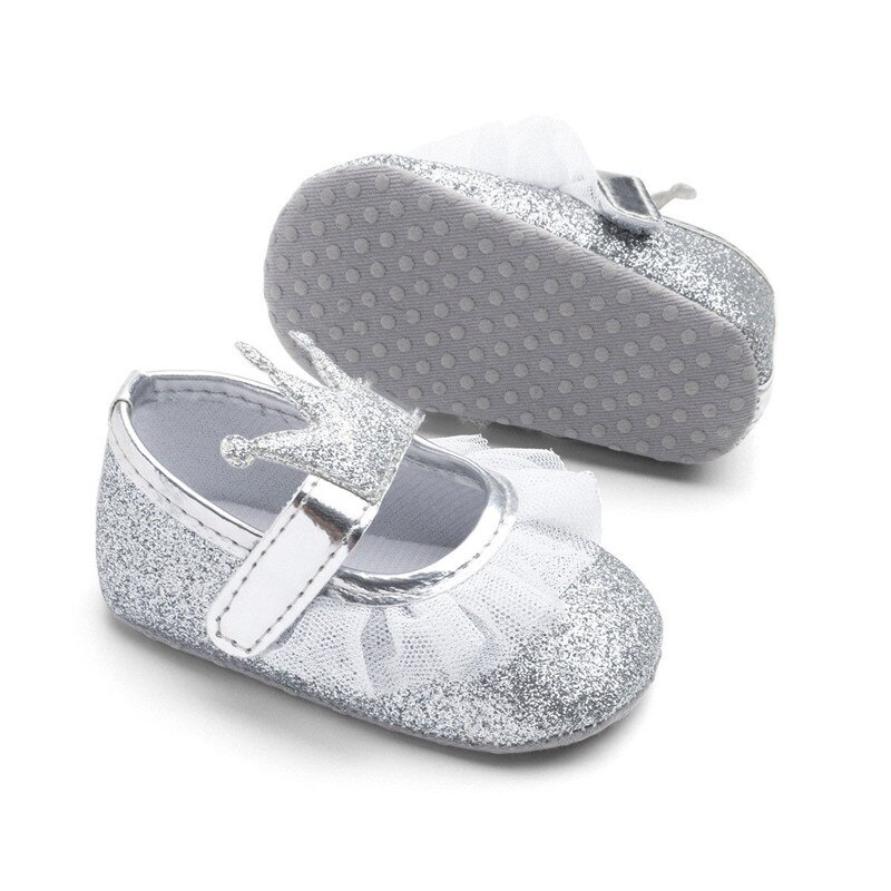 CANIS PU cuero princesa bebé niña princesa encaje zapatos chico niñas suela suave cuna zapatos Prewalker lindo: Plata / 13-18 meses