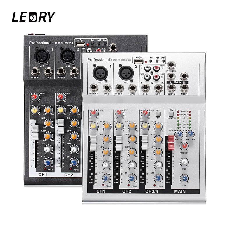 LEORY 4 Channels Audio Mixer with USB DJ Sound Mixing Console MP3 Jack Live Audio Mixer For Karaoke KTV Match Party