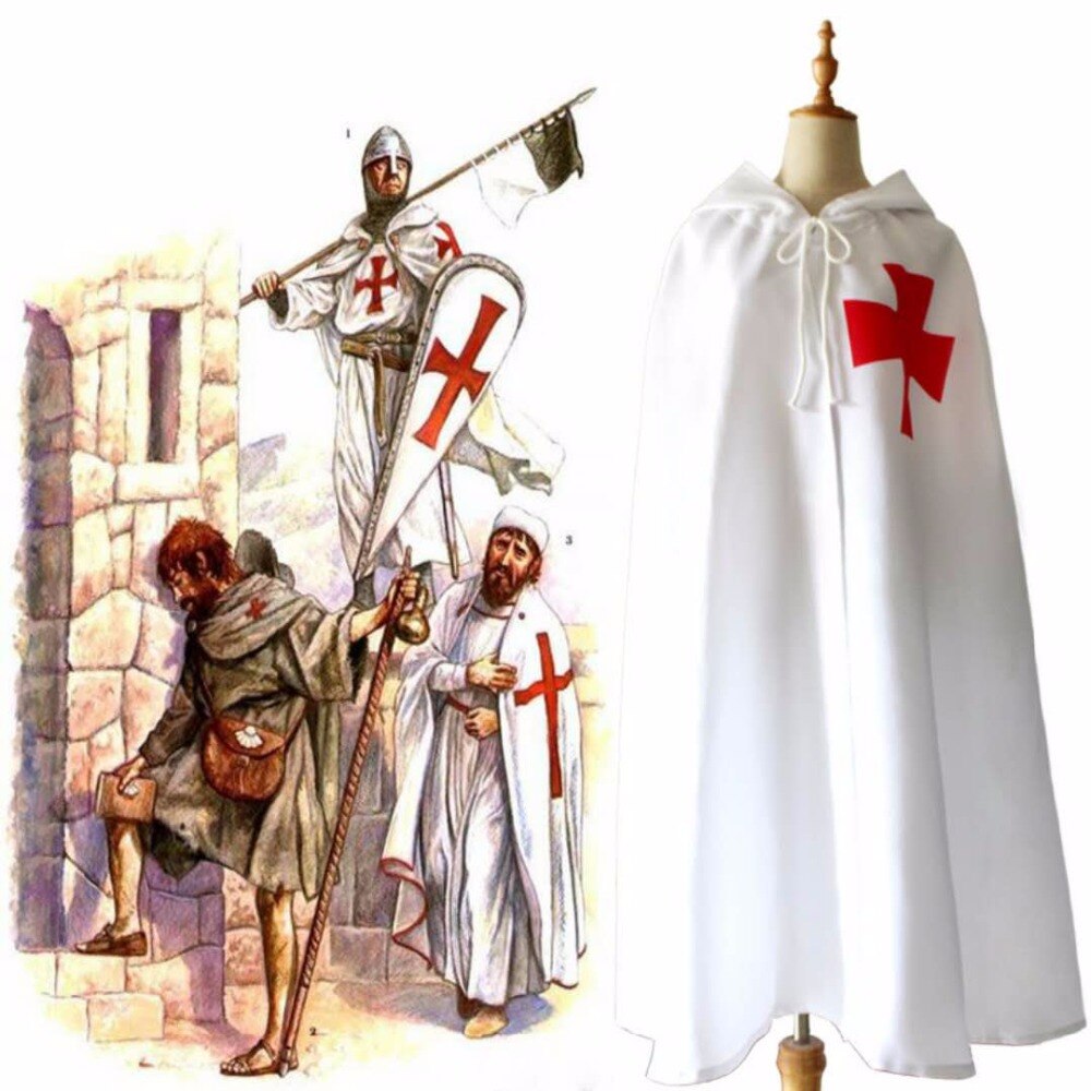 Halloween medeltida dräkt kläder svarta riddare kostym hospitaller tunika kappa cape män gotisk vit korsrock: Beige