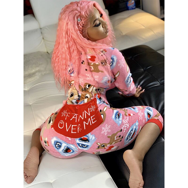 Vrouwen Xmas Junpsuits Cartoon Herten/Sneeuwman Printing Lange Mouwen Casual Sexy Jumpsuit Met Rits Open Voor Meisjes plus Size