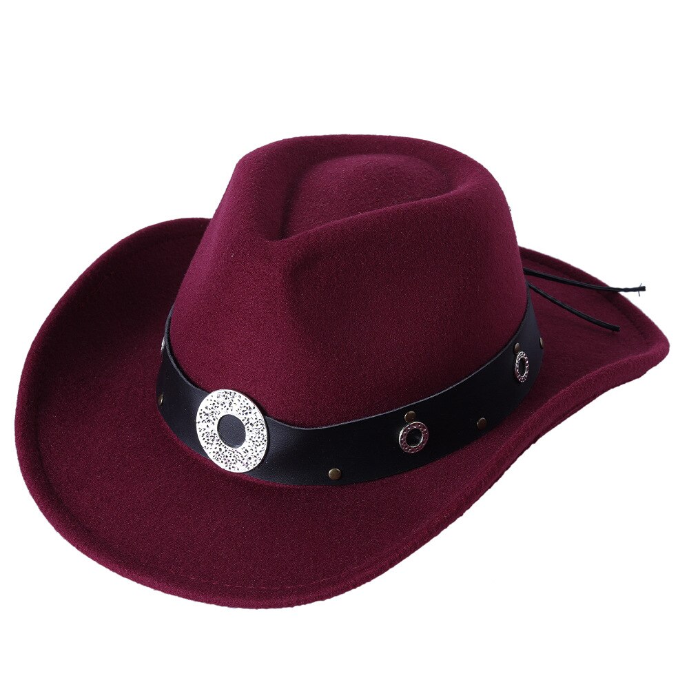 Sombrero de ala ancha con cinturón para hombre y mujer, gorro cálido de Jazz, Color sólido, para invierno y otoño: Red wine