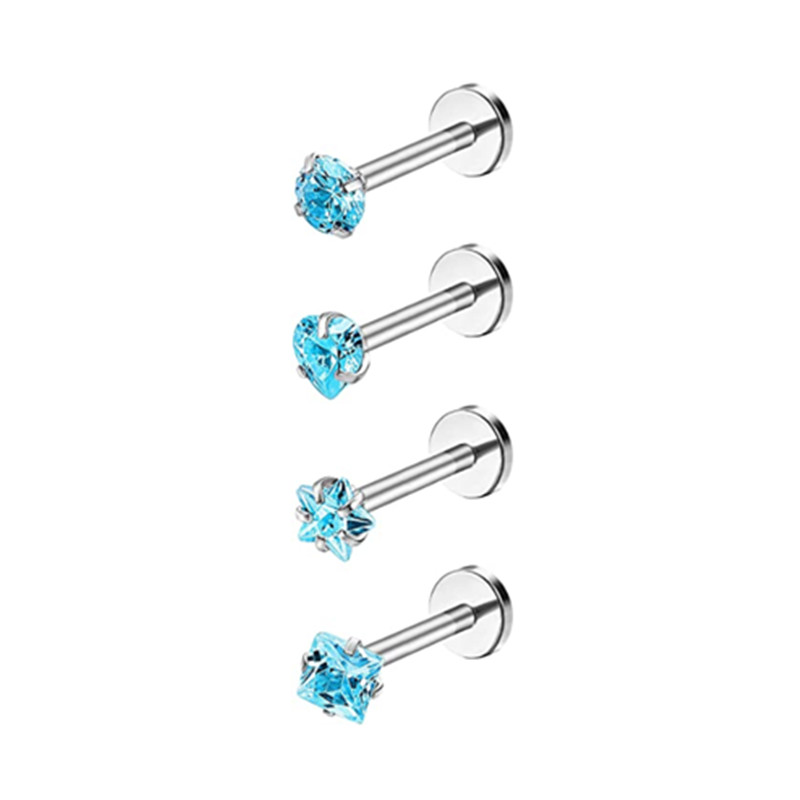 4PCS Heart Crystal Tragus Piercing Earring Set Flat Labret Piercing Set Lip Ring Lot Conch Cartilage Stud Helix Lobe Earring Set