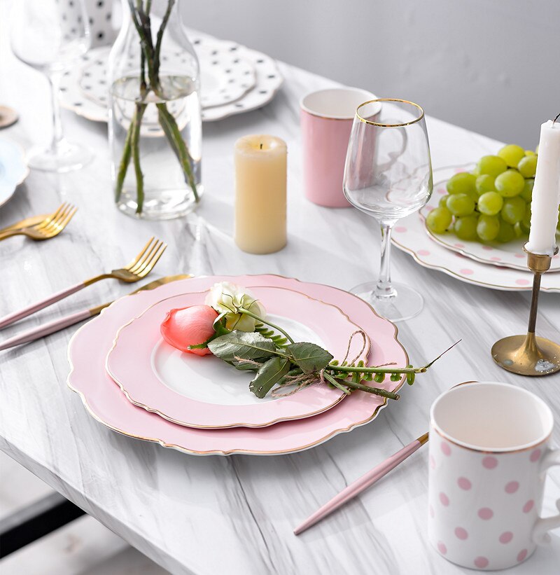 Phnom penh keramisk servis tallrik enkel rosa prickig tallrik fat western steak tallrik flickhjärta dessert tallrik