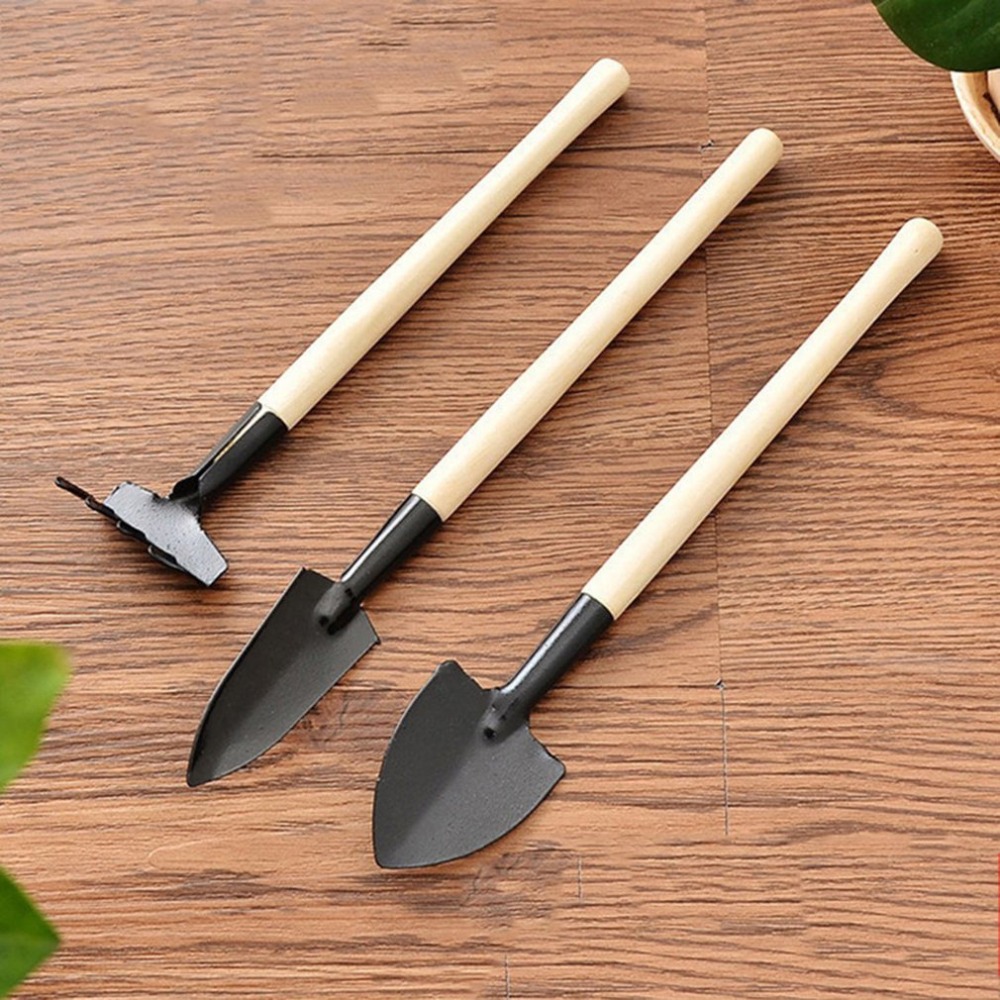 3 stk / sæt mini havearbejde værktøj træhåndtag rustfrit stål potteplanter skovl rive spade til blomster potteplante