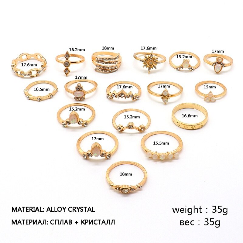 17 Pçs/set Bohemian Estrelas Gotas D' Água Crown Ondas Rodada Gems Cristal Anel Set Mulheres Charme Exquisite Partido Presente Da Jóia Do Anel