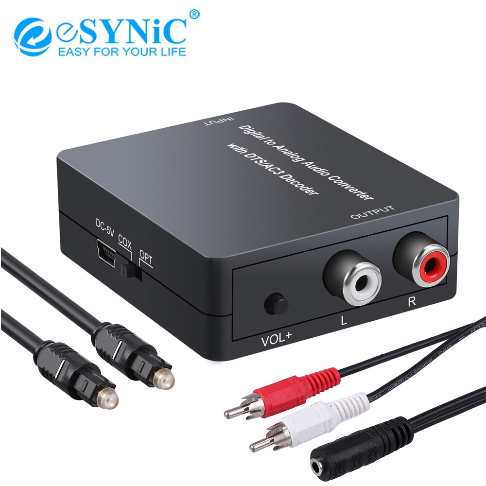 eSYNiC Digital To Analog Audio Decoder Converter Coaxial Optical In L/R 2.0ch Analog Audio Out Support Dolby With Volume Control