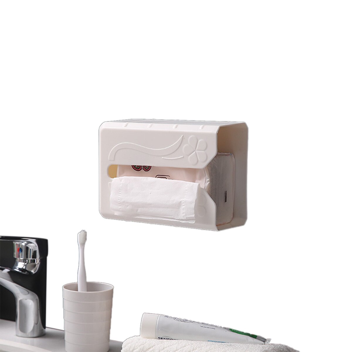 Vægmonteret vævsholder, klæbende vævskassedæksel dispenser toiletservietter serviet opbevaring arrangør hylde til køkkenbadeværelse