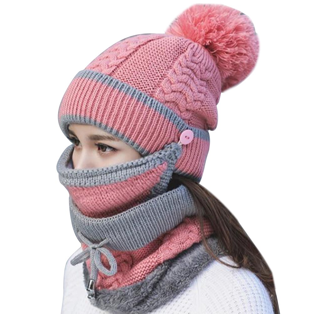 3 pièces femmes hiver écharpe ensemble épais tricoté chapeau écharpe couverture de visage en plein air WHShopping: Pink